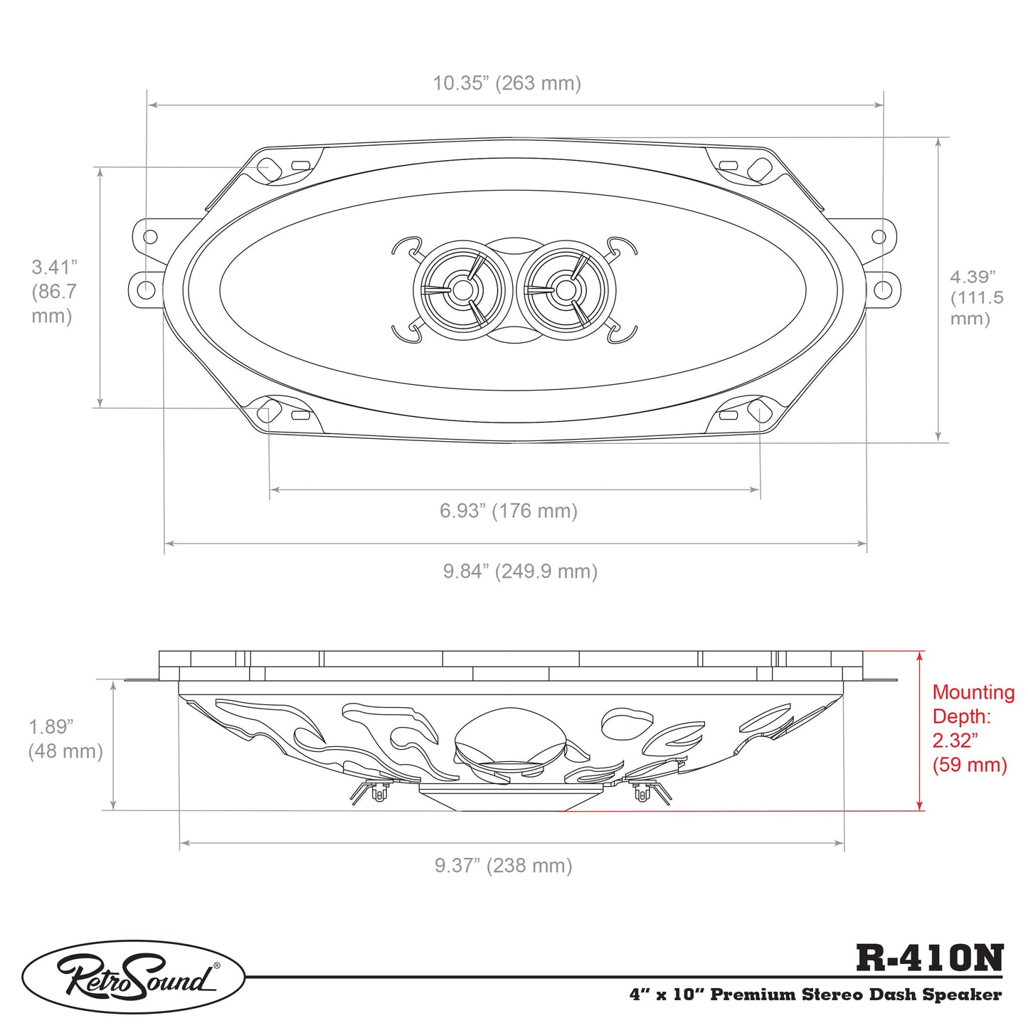 RetroSound 4" x 10" Premium Stereo Dash Speaker for 1961-1972 Oldsmobile 98