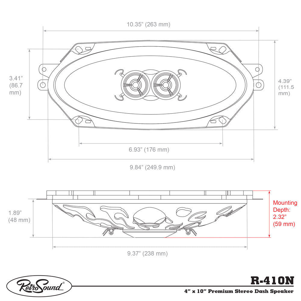 RetroSound 4" x 10" Premium Stereo Dash Speaker for 1968 Chevrolet Chevy II with No Factory Air Conditioning