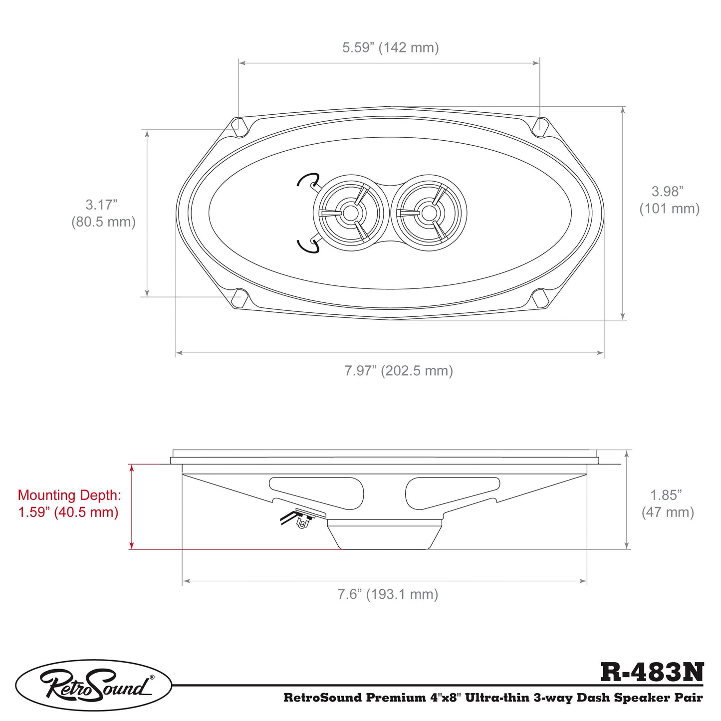 RetroSound Premium 4"x8" Ultra-thin 3-way Dash Speaker Pair